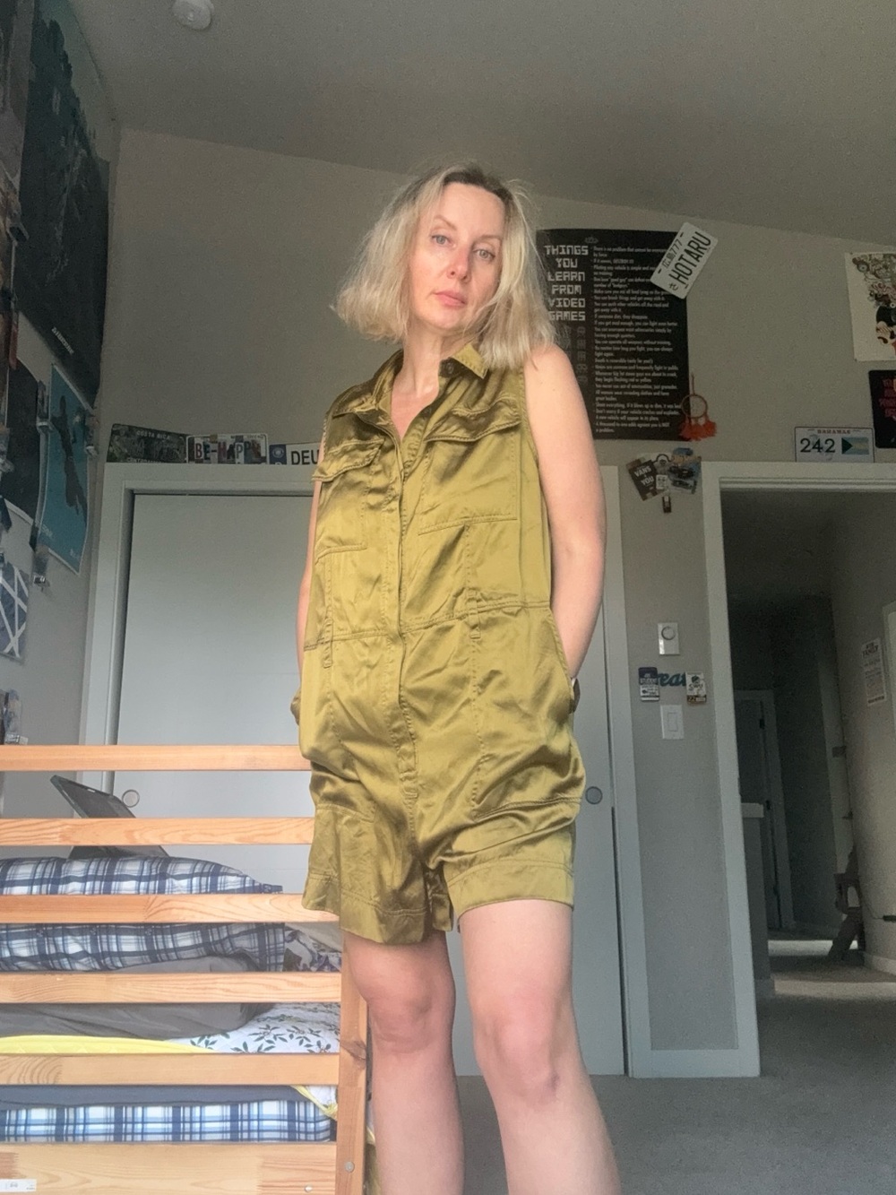 Banana Republic 100% Silk Utility Romper Olive Gold Size L